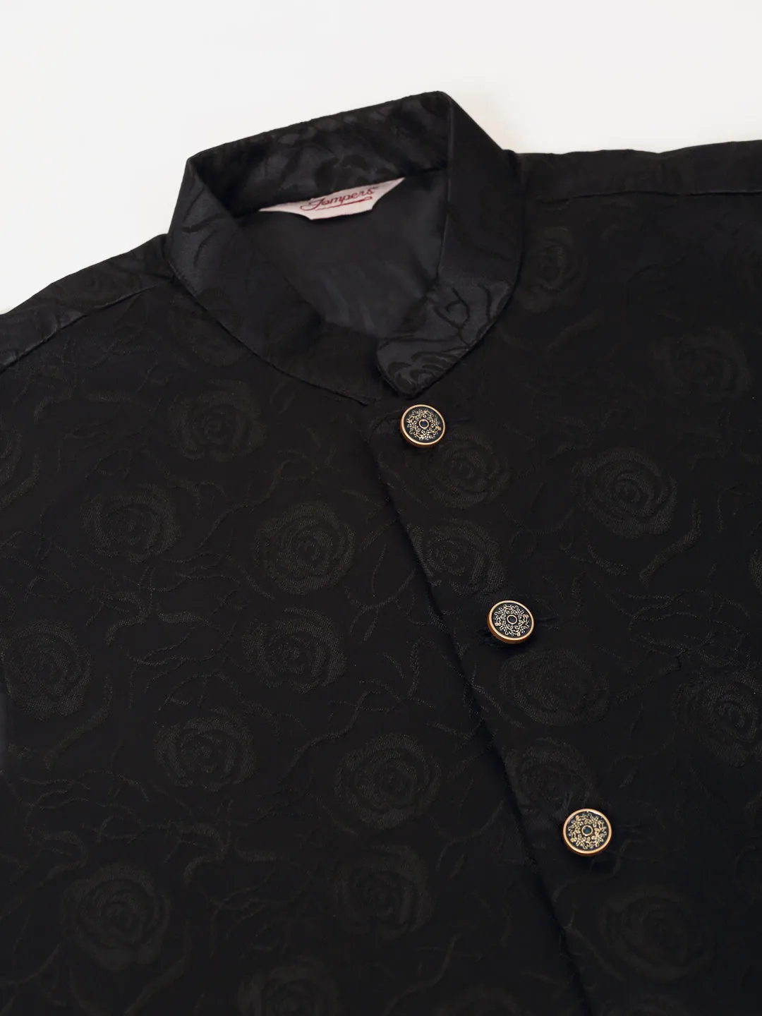 Men'S Solid Kurta Pyjama With Floral Embroidered Nehru Jacket