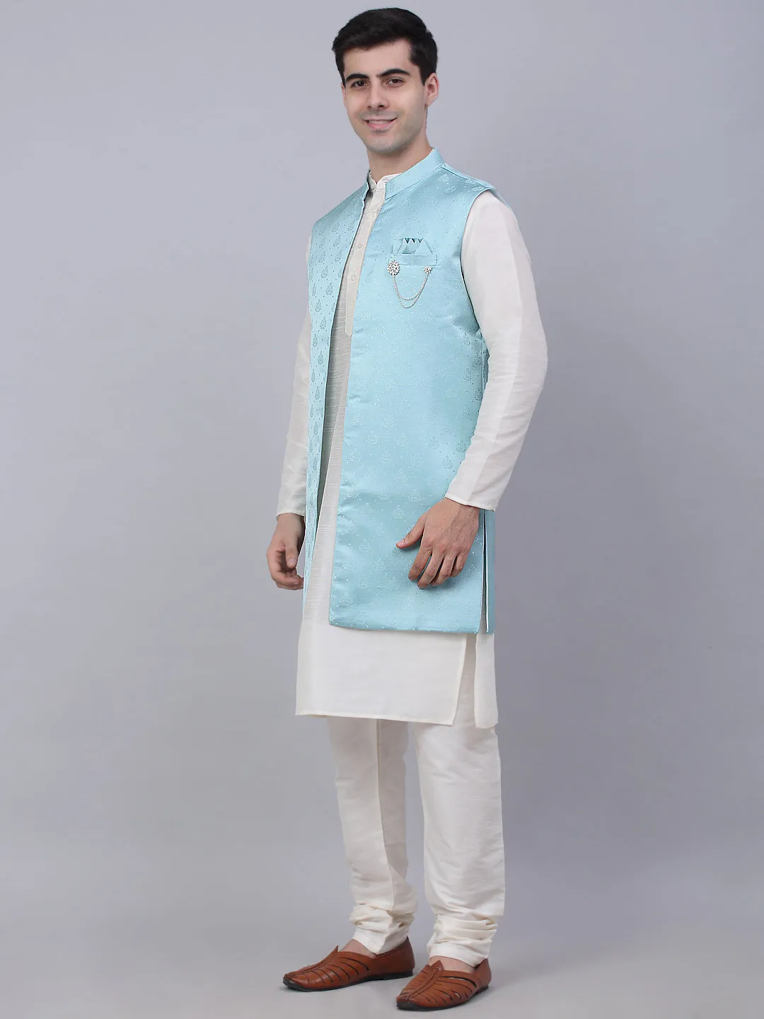 Men'S Solid Kurta Pyjama With Shrug Jacket