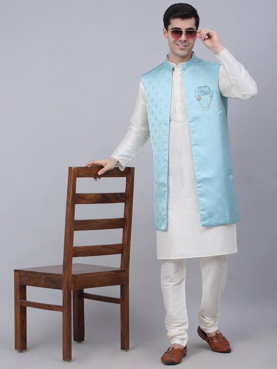 Men'S Solid Kurta Pyjama With Shrug Jacket