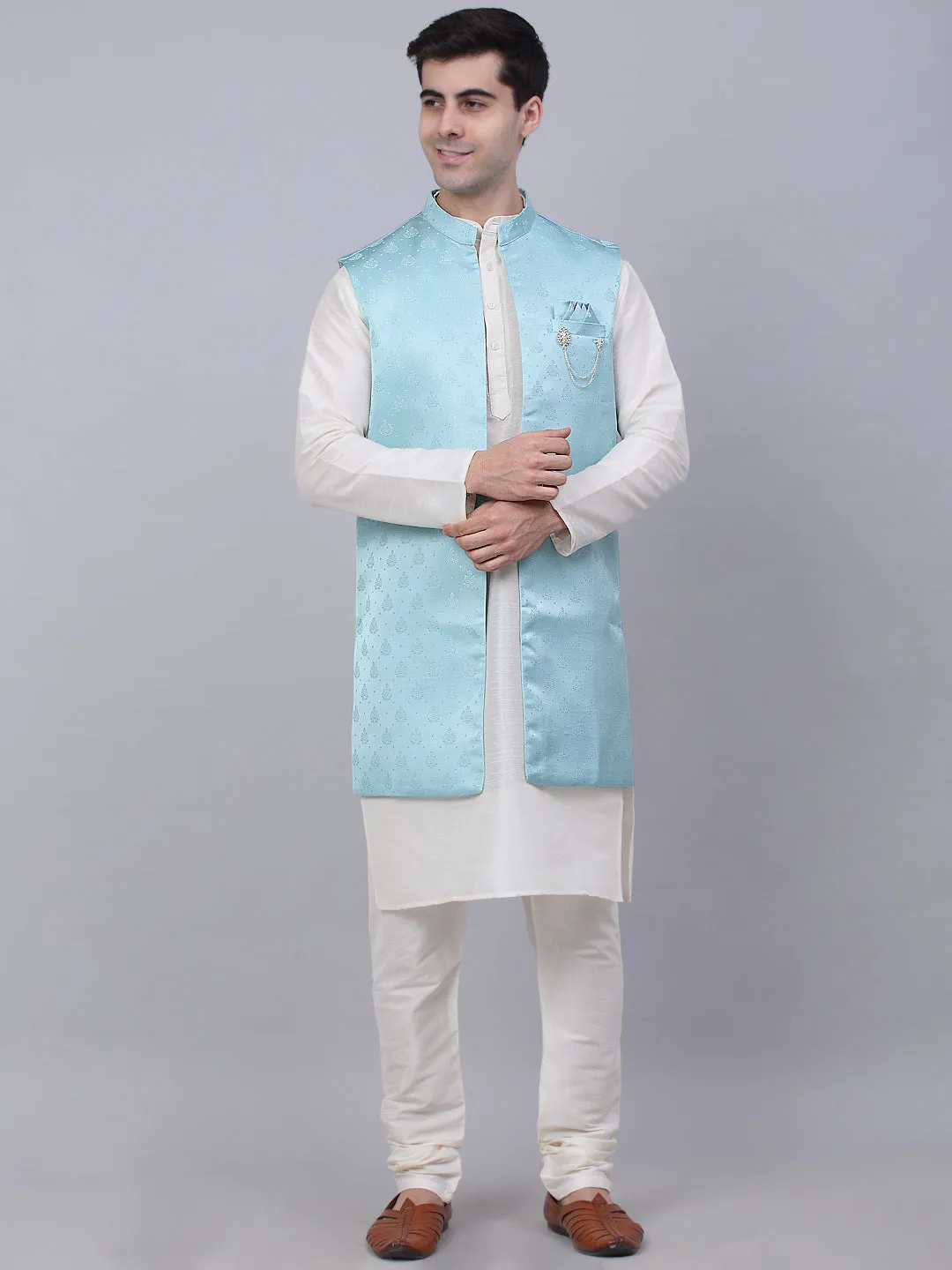 Men'S Solid Kurta Pyjama With Shrug Jacket