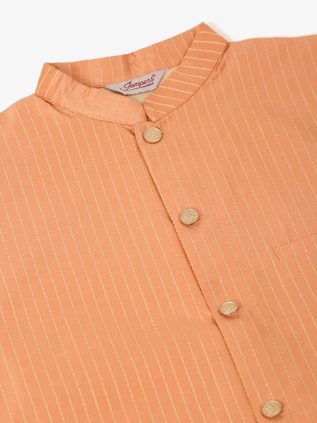 Men'S Solid Kurta Pyjama With Striped Embroidered Nehru Jacket