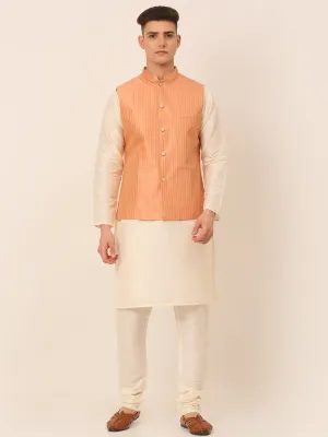 Men'S Solid Kurta Pyjama With Striped Embroidered Nehru Jacket