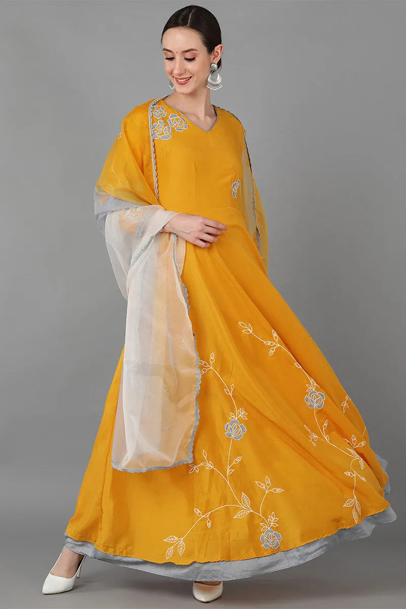 Mustard Silk Blend Flared Kurta With Dupatta