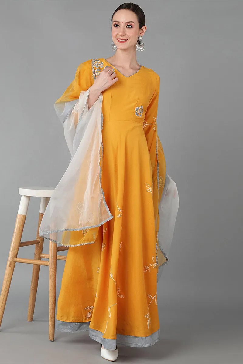 Mustard Silk Blend Flared Kurta With Dupatta