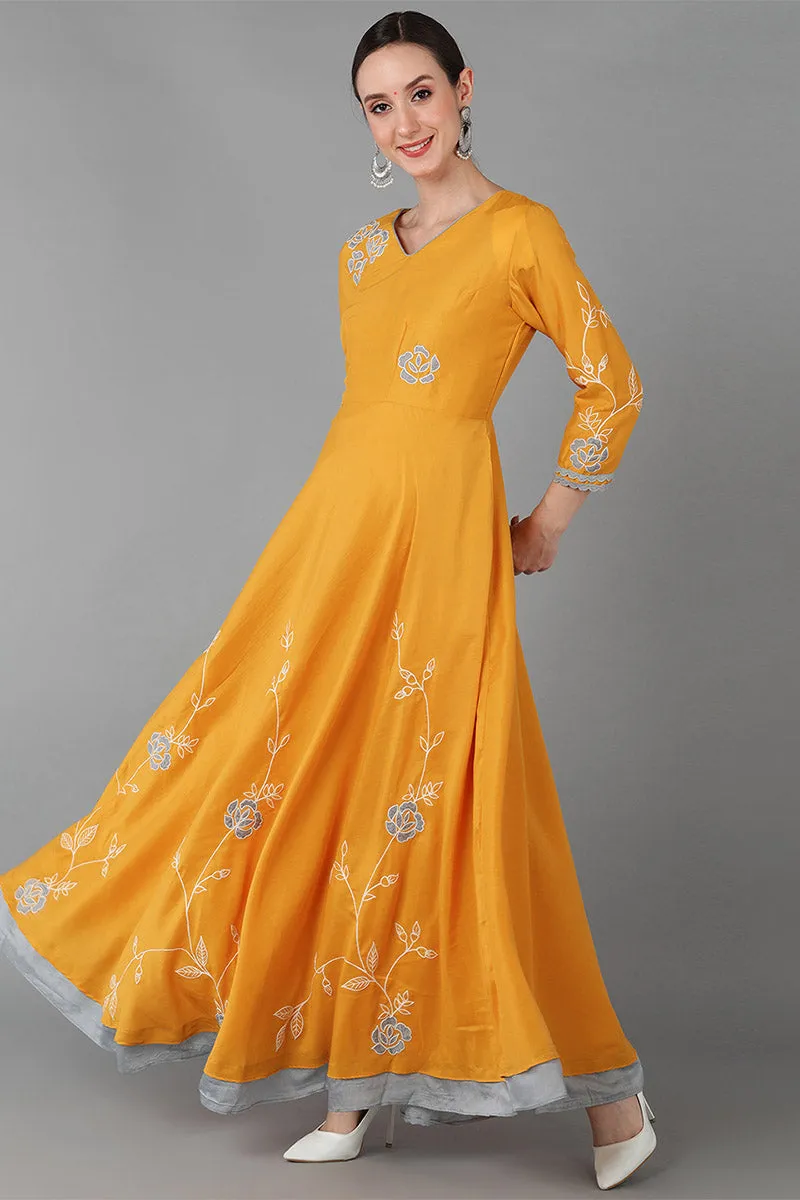 Mustard Silk Blend Flared Kurta With Dupatta