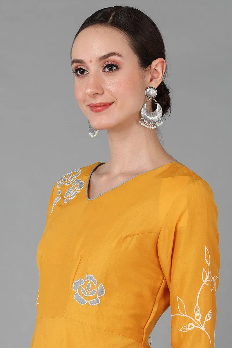 Mustard Silk Blend Flared Kurta With Dupatta