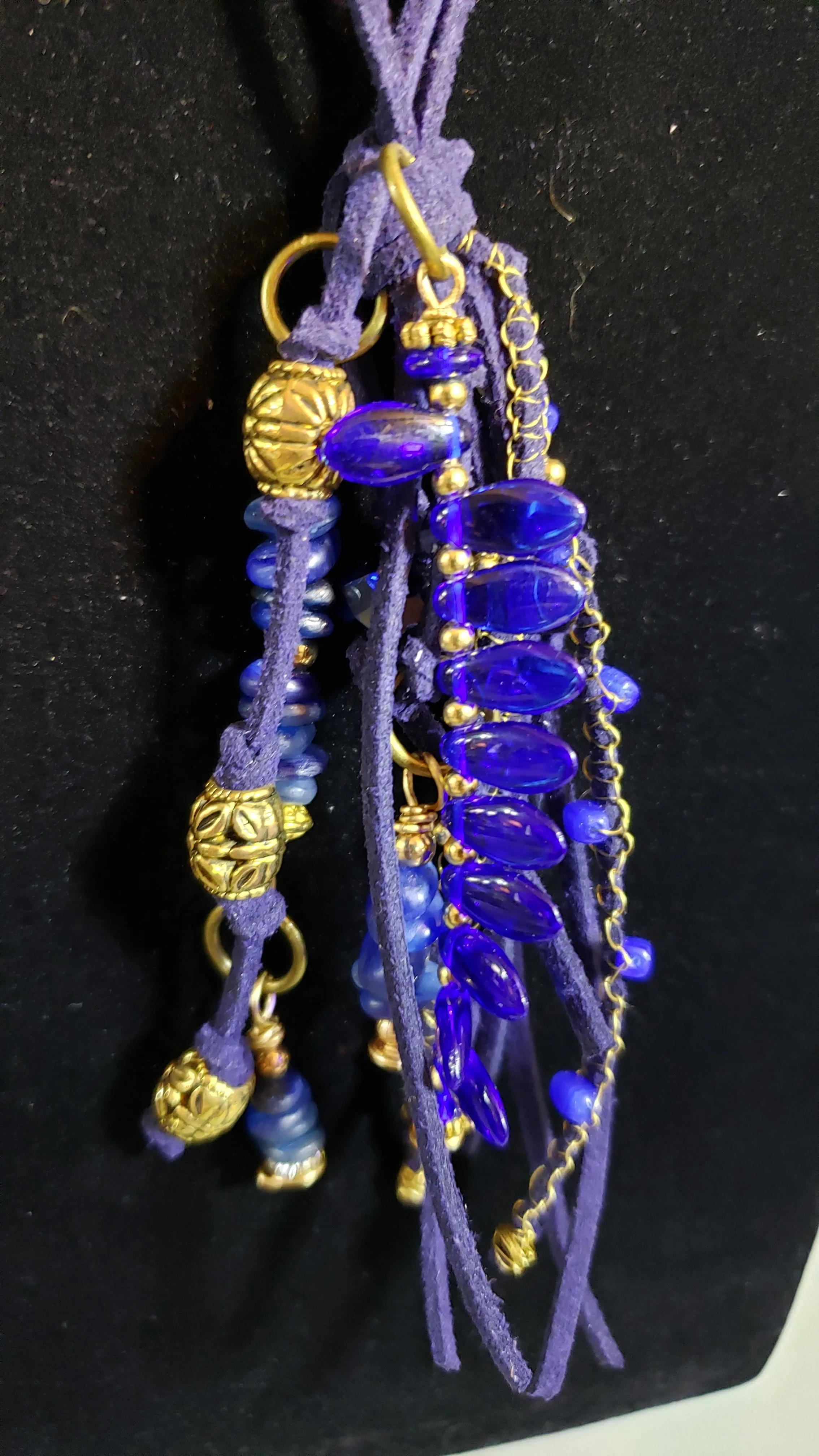 One of a Kind! Blue Genuine Leather 28" Tassel Necklace with Kyanite, Wire Wrapping & Gold Tone Accents 
 