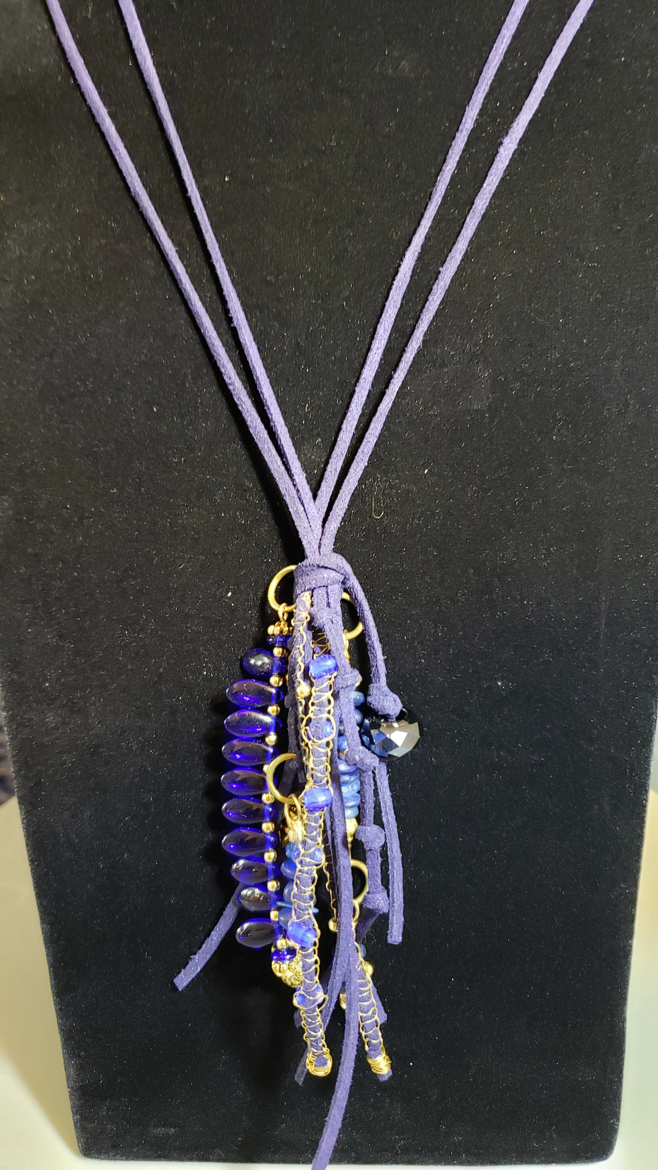 One of a Kind! Blue Genuine Leather 28" Tassel Necklace with Kyanite, Wire Wrapping & Gold Tone Accents 
 