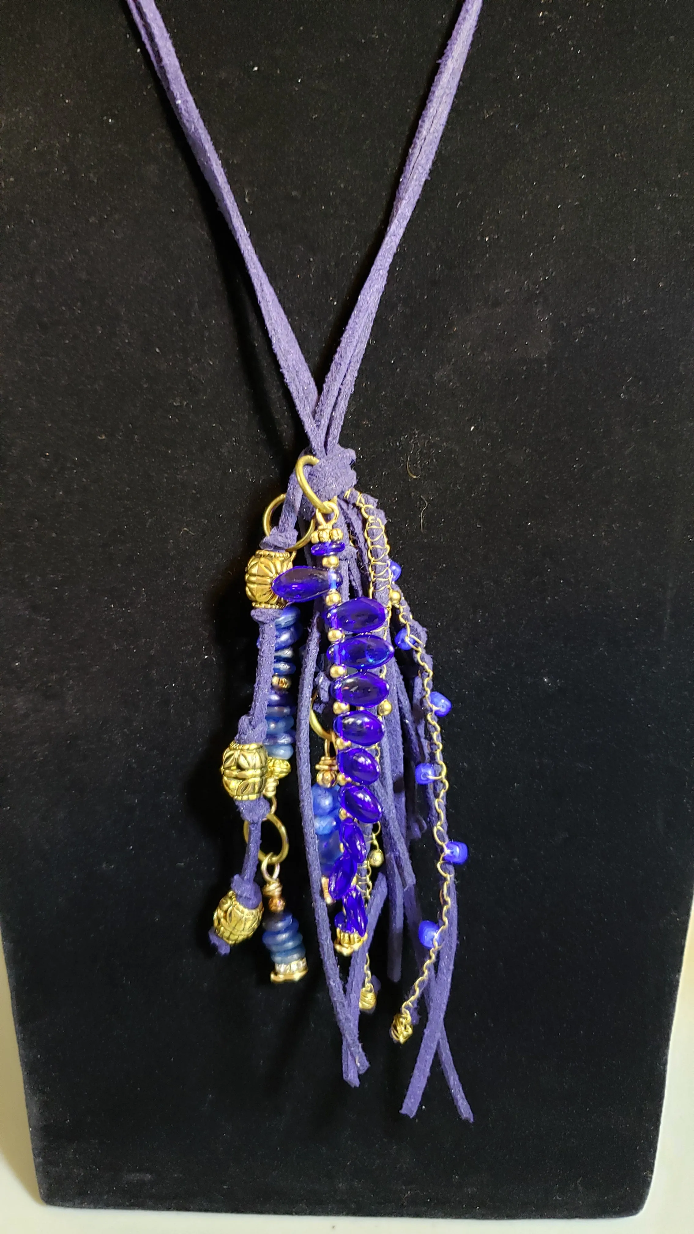 One of a Kind! Blue Genuine Leather 28" Tassel Necklace with Kyanite, Wire Wrapping & Gold Tone Accents 
 