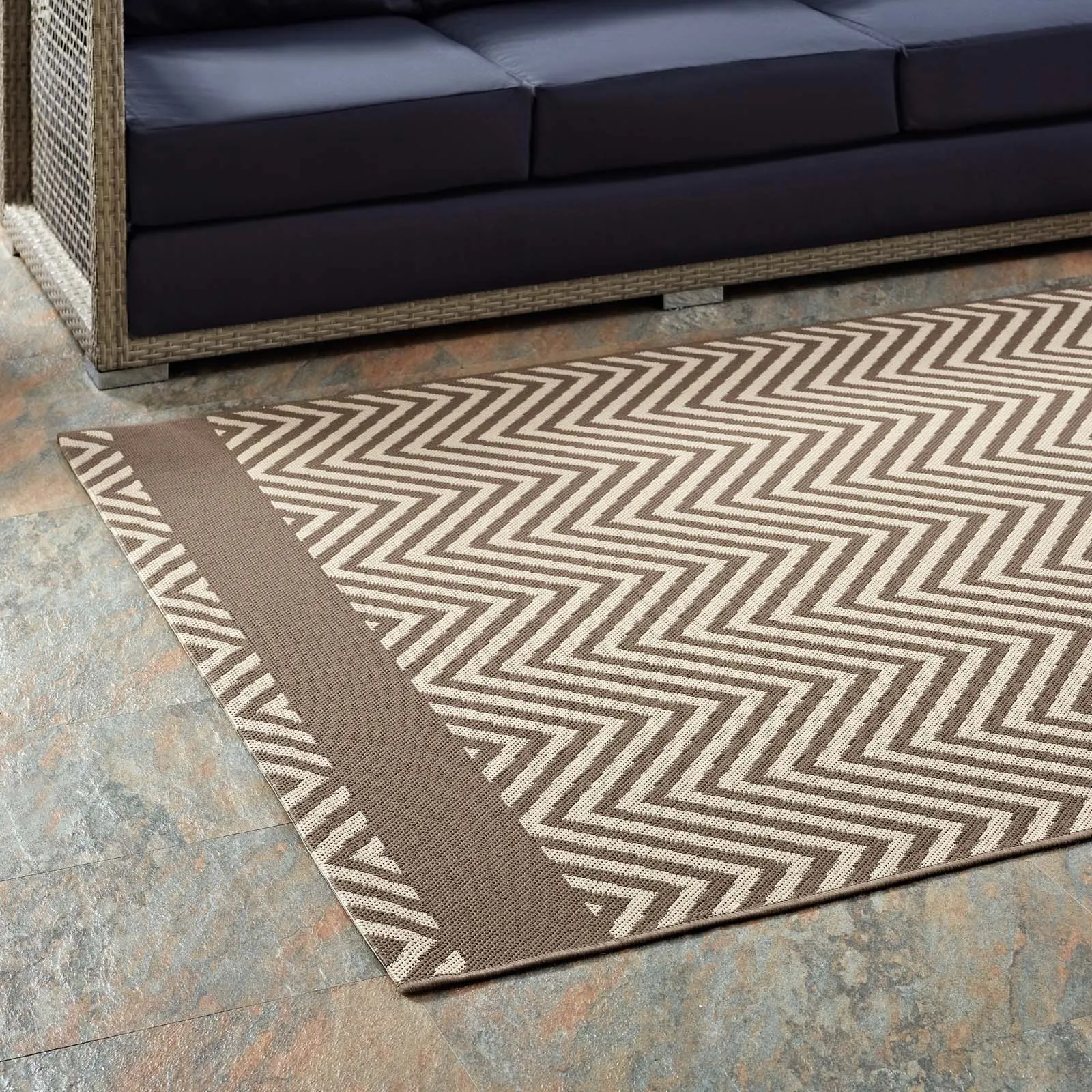 Optica Chevron With End Borders 8x10 Indoor and Outdoor Area Rug  Light and Dark Beige