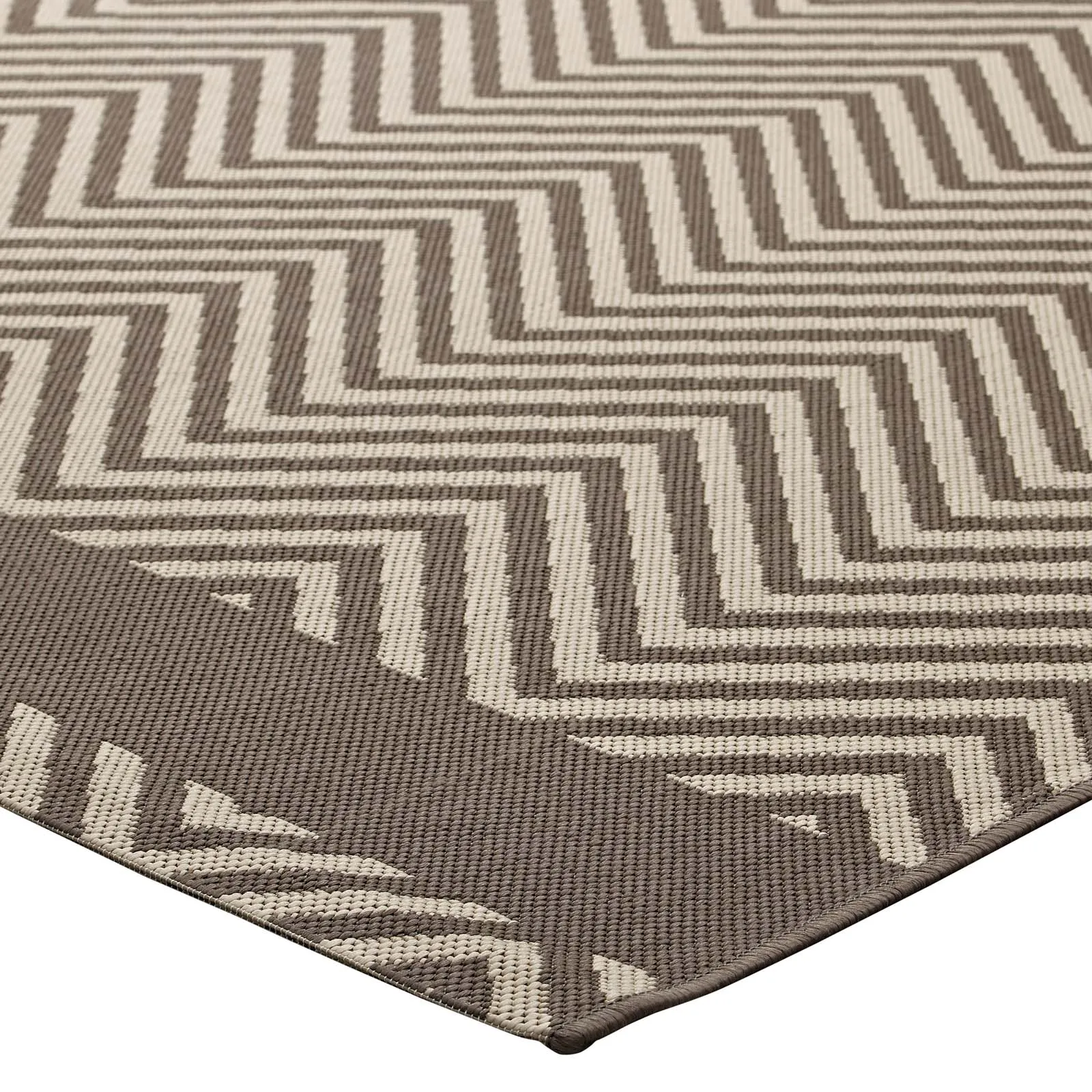 Optica Chevron With End Borders 8x10 Indoor and Outdoor Area Rug  Light and Dark Beige