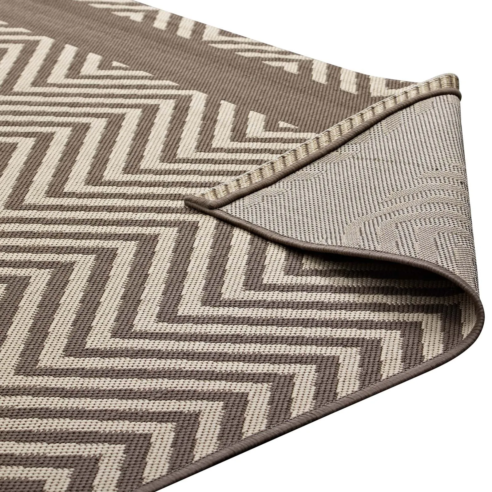 Optica Chevron With End Borders 8x10 Indoor and Outdoor Area Rug  Light and Dark Beige