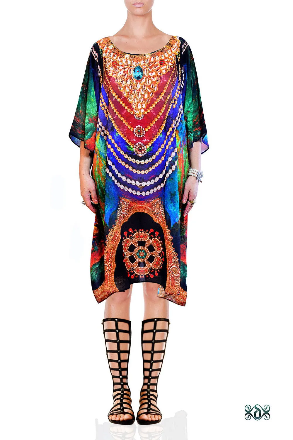 Ornamental Feathers Pure Silks Kaftan, Crystal Embellished Caftan, Short Silk Kaftan - 002