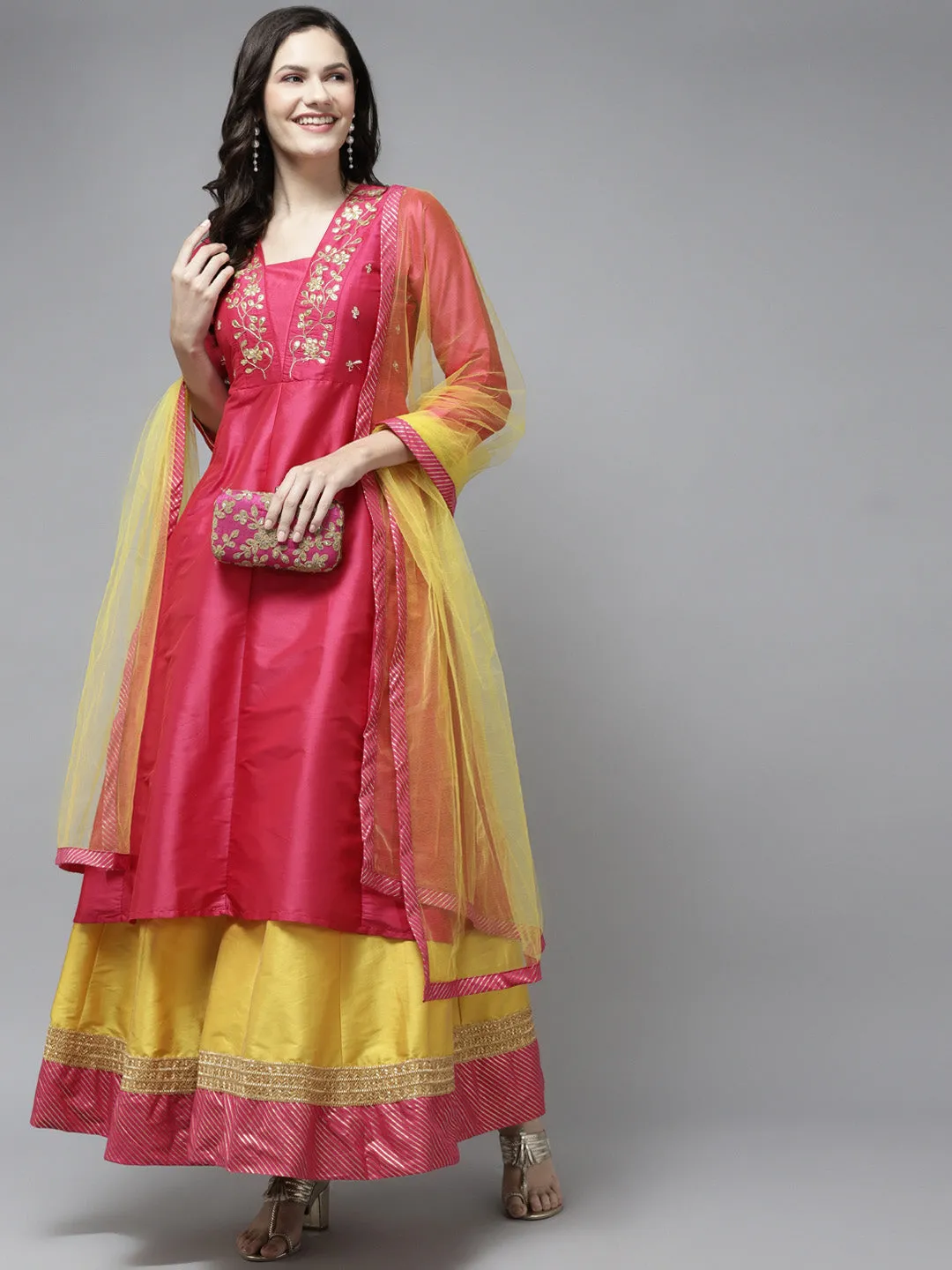 Pink Yoke Design Kurta & Skirt With Dupatta