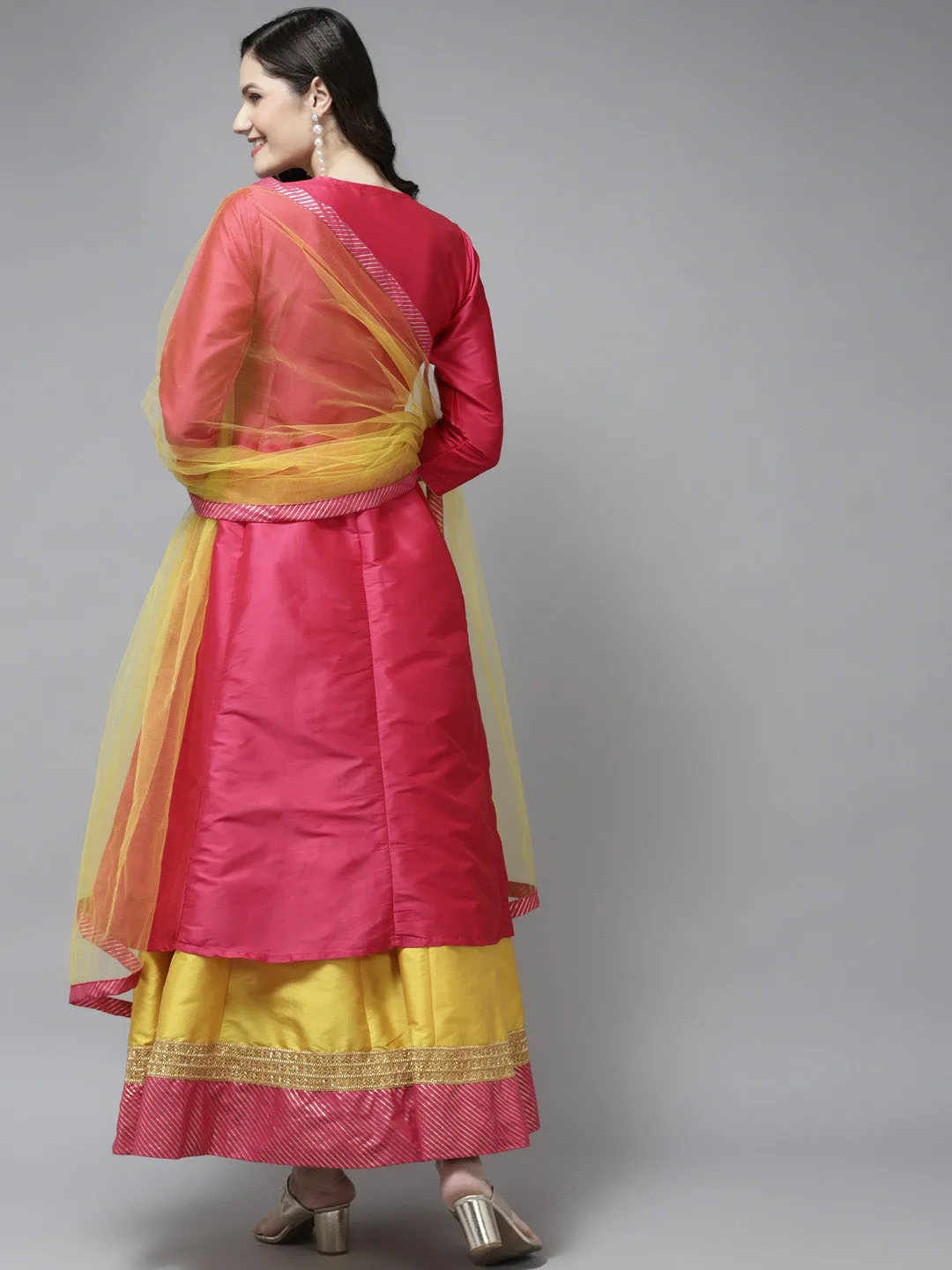 Pink Yoke Design Kurta & Skirt With Dupatta