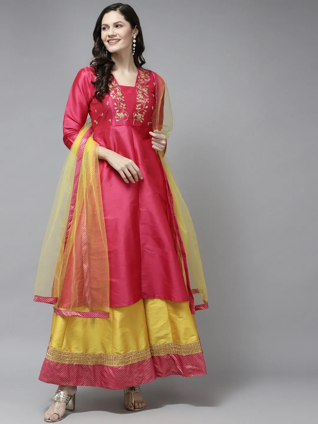 Pink Yoke Design Kurta & Skirt With Dupatta