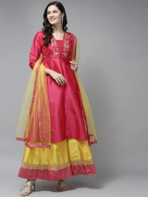 Pink Yoke Design Kurta & Skirt With Dupatta