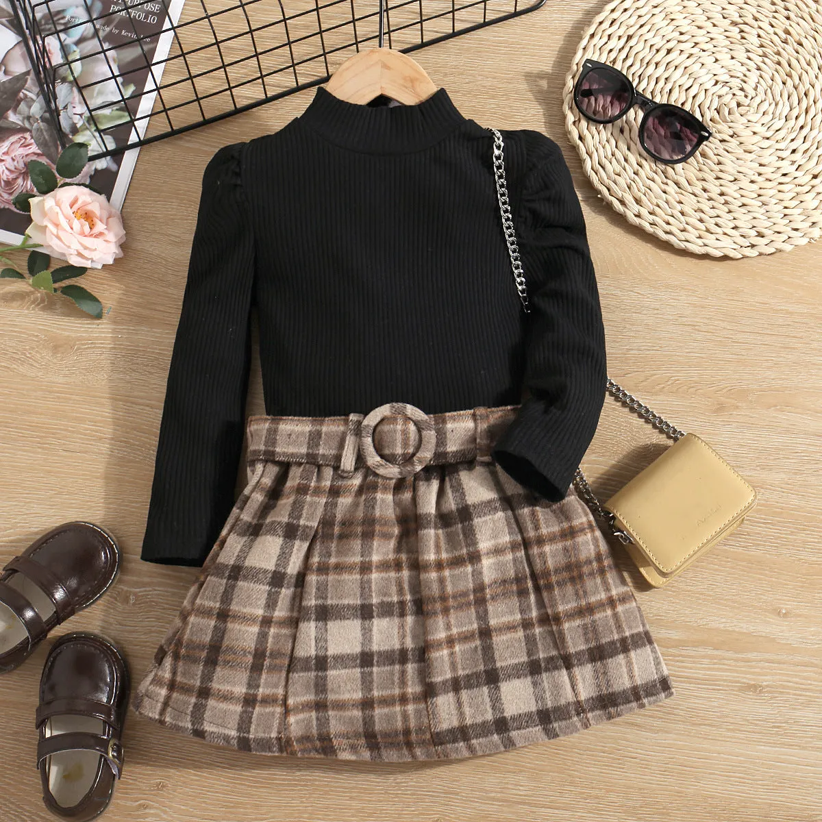 Pullover Check Pleated Short Skirt With Belt Two Piece Set