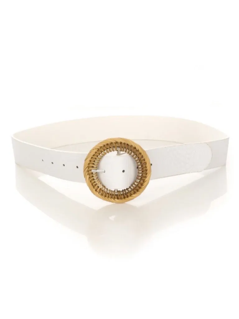 Round Buckle Leather Belt - White