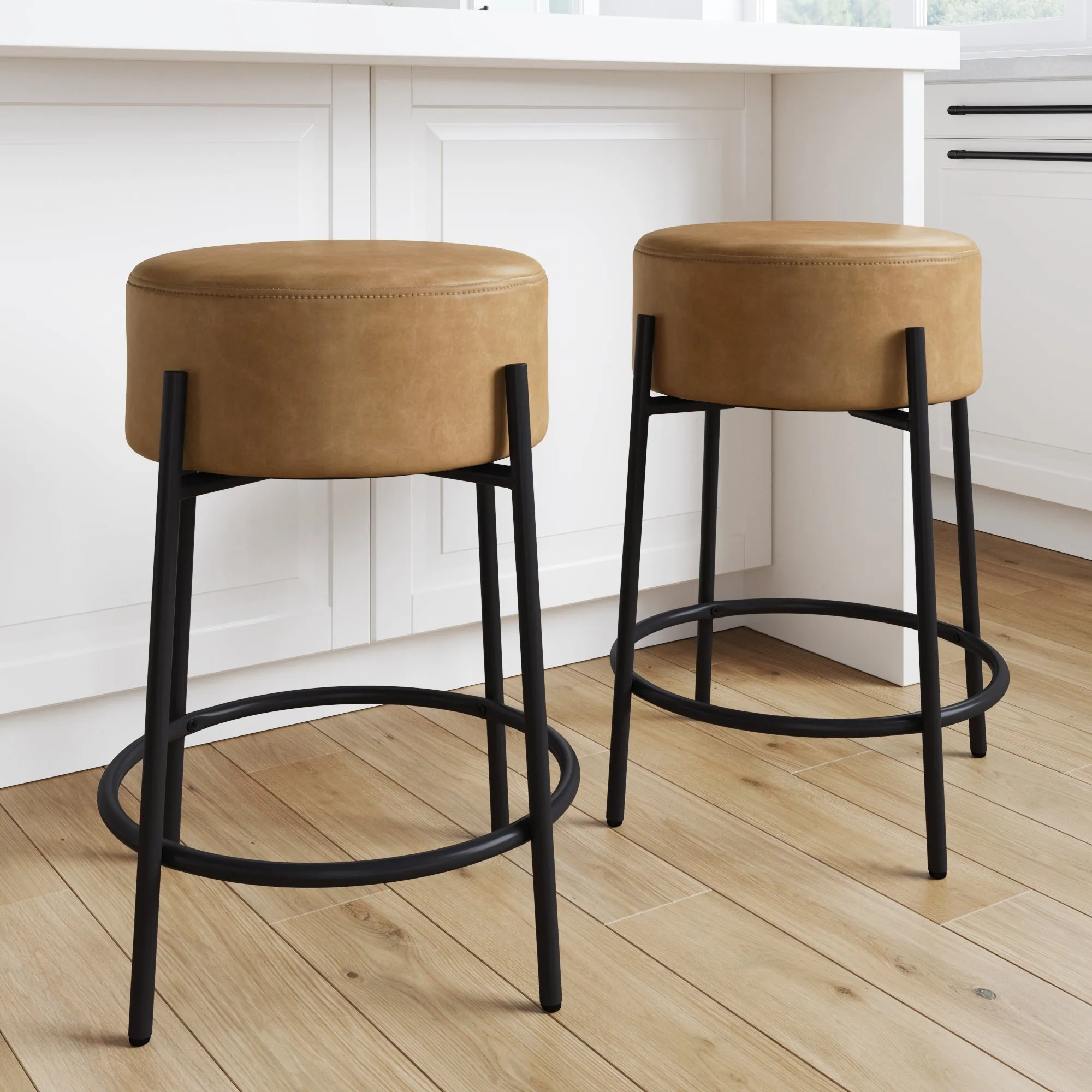 Round Faux Leather Backless Counter Height Bar Stools Brown (Set of 2)