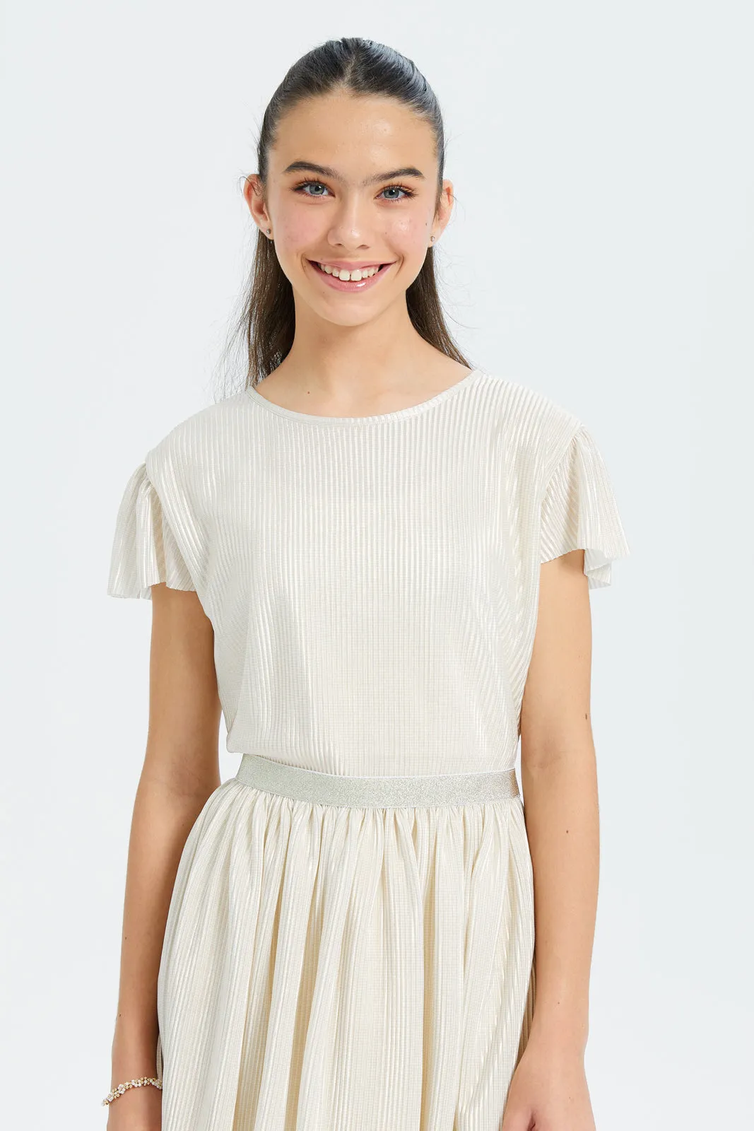 Senior Girls White And Gold Pleated Dress