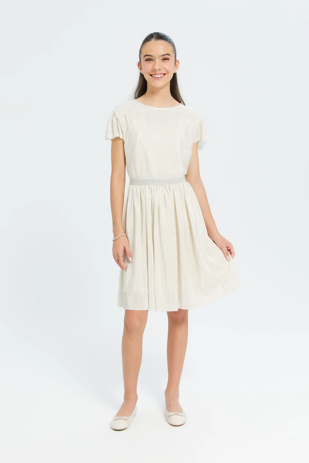 Senior Girls White And Gold Pleated Dress