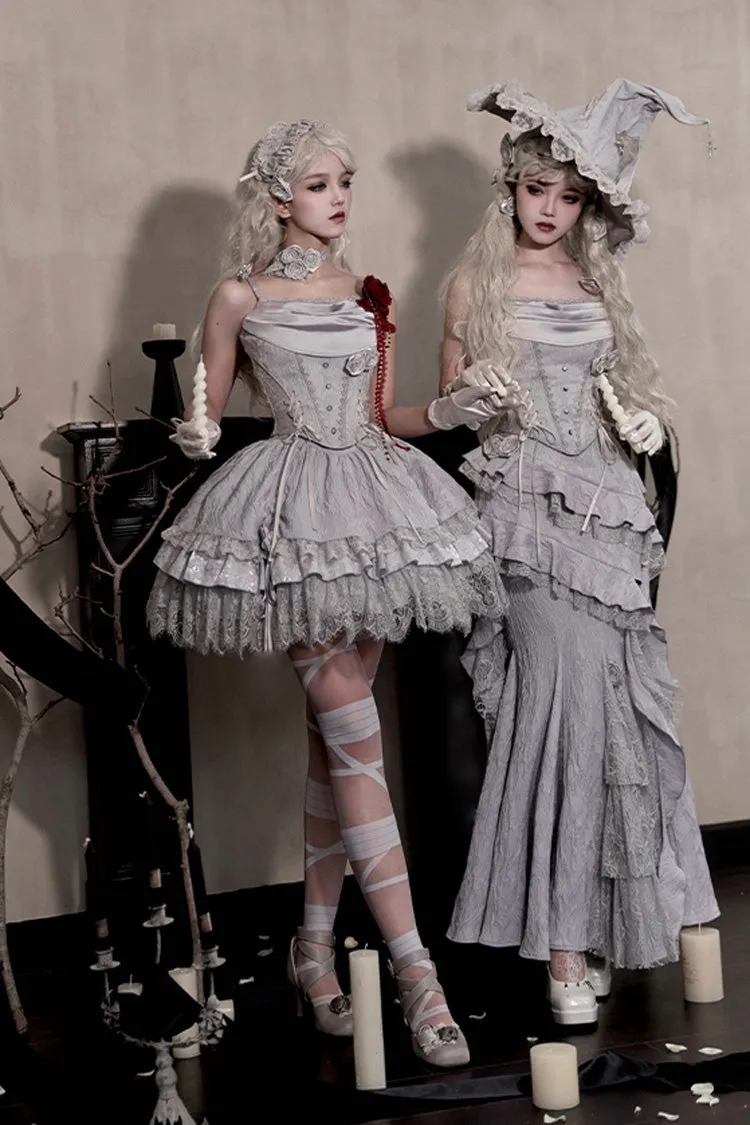 Silver Grey [Twilight] Ruffle Lace Irregular Gothic Witch Lolita Fishtail Skirt Set