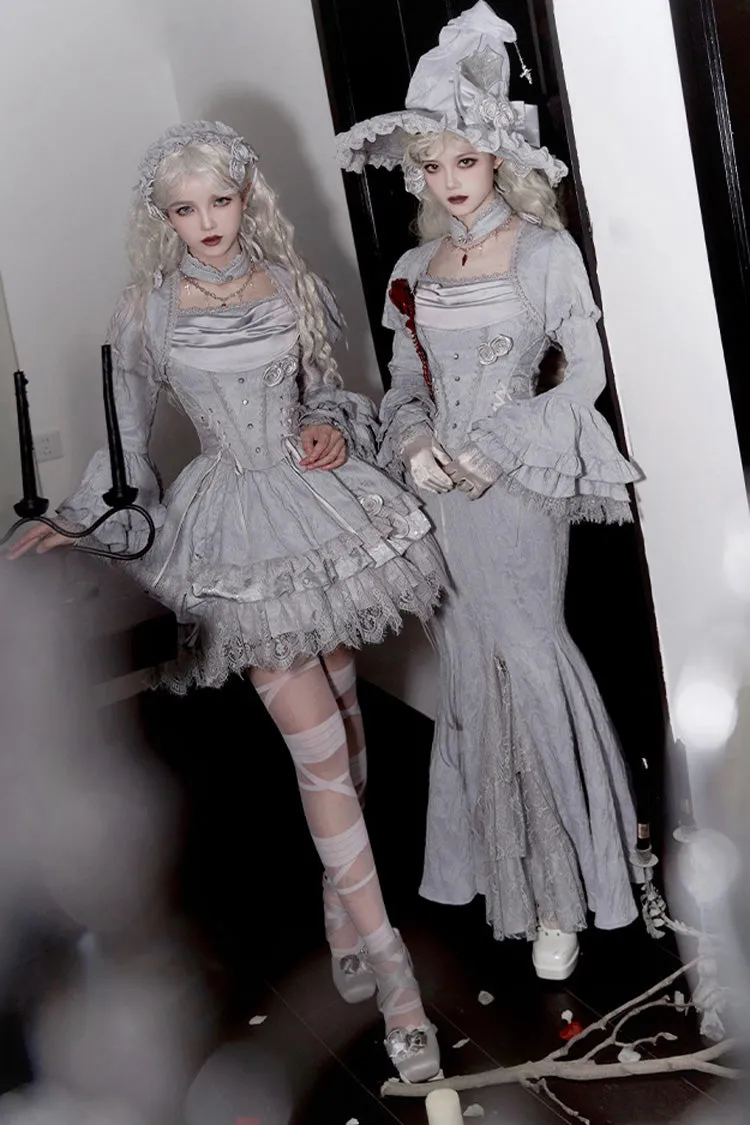 Silver Grey [Twilight] Ruffle Lace Irregular Gothic Witch Lolita Fishtail Skirt Set