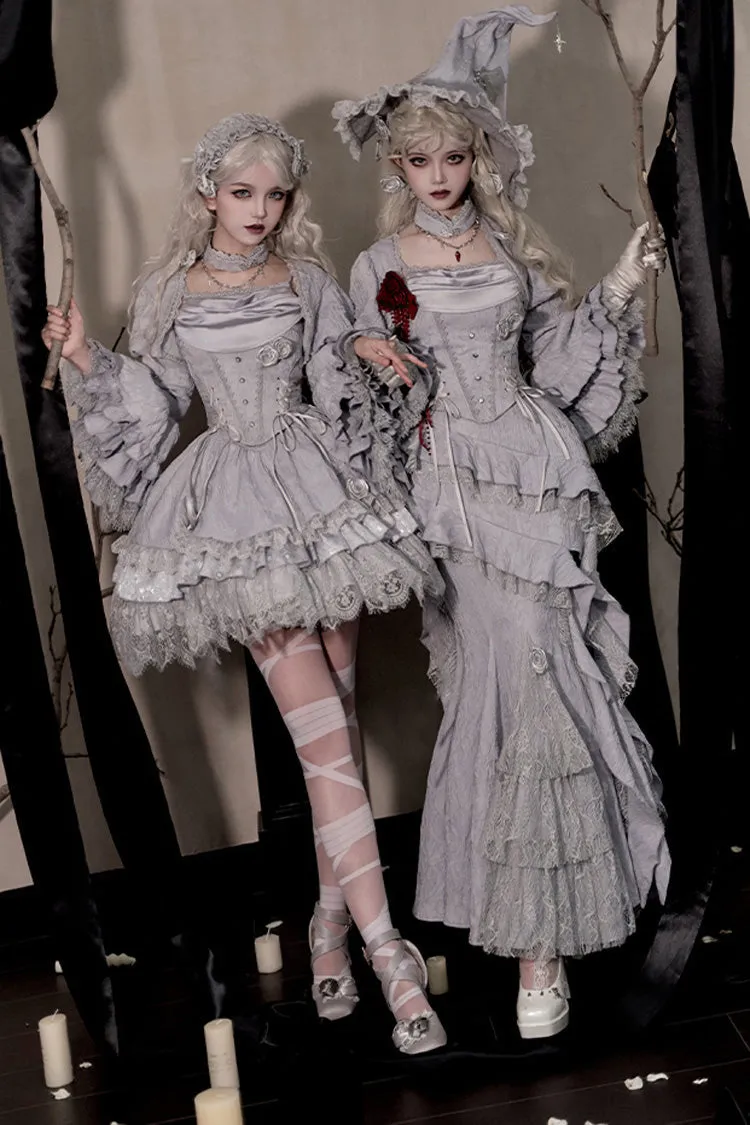 Silver Grey [Twilight] Ruffle Lace Irregular Gothic Witch Lolita Fishtail Skirt Set