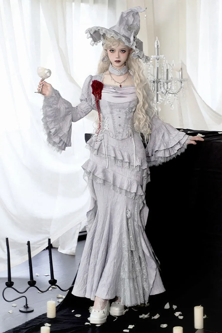 Silver Grey [Twilight] Ruffle Lace Irregular Gothic Witch Lolita Fishtail Skirt Set