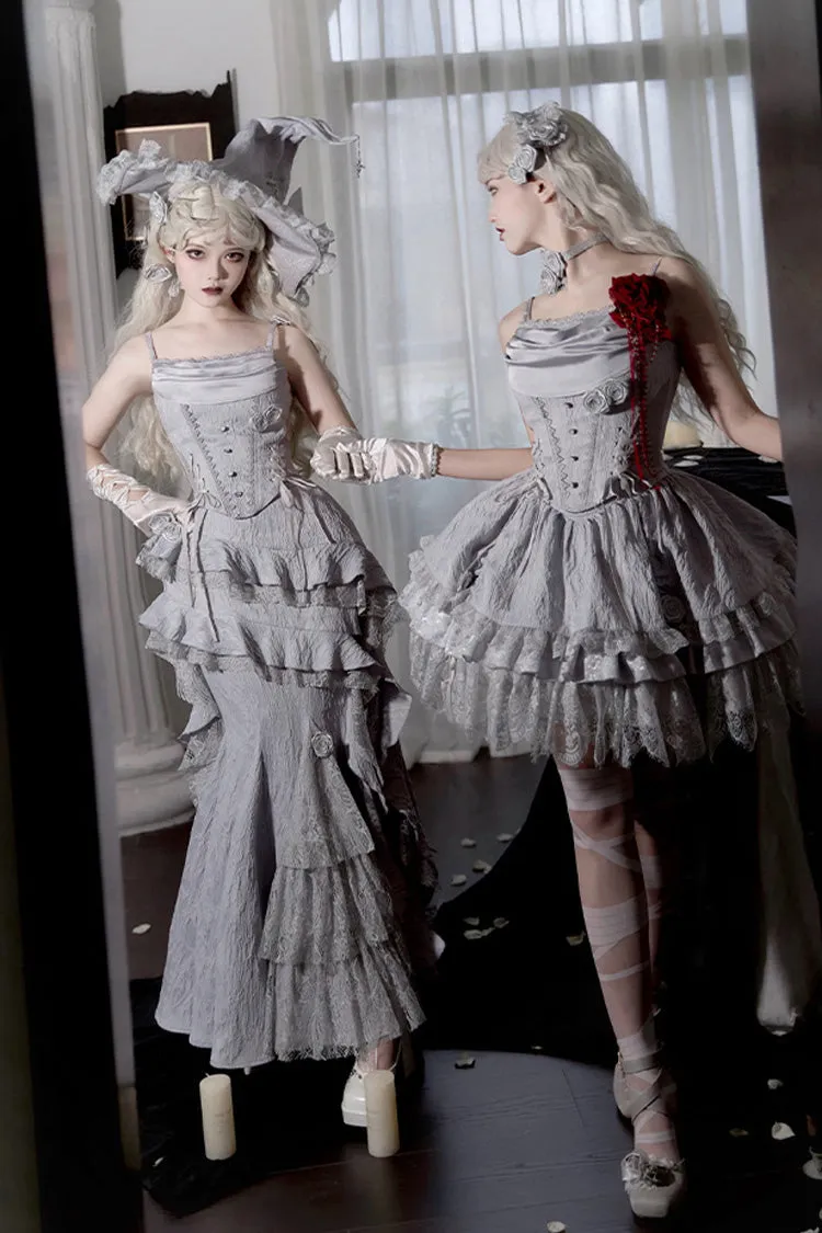 Silver Grey [Twilight] Ruffle Lace Irregular Gothic Witch Lolita Fishtail Skirt Set