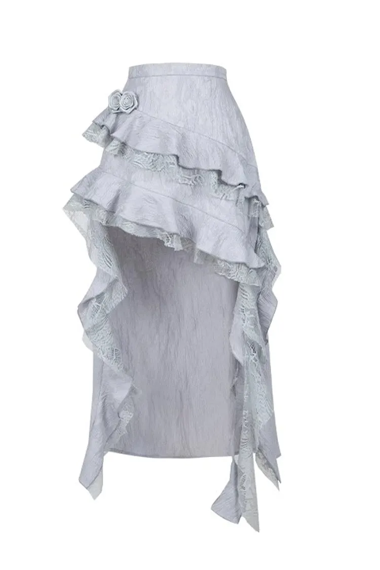 Silver Grey [Twilight] Ruffle Lace Irregular Gothic Witch Lolita Fishtail Skirt Set