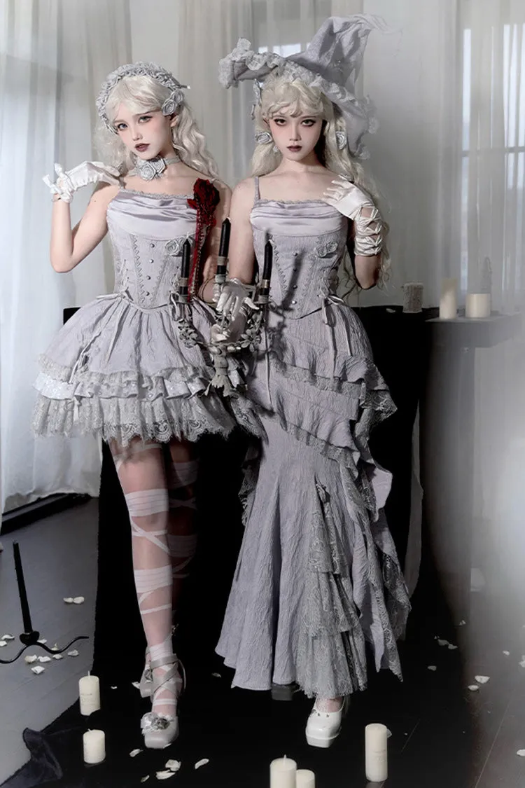 Silver Grey [Twilight] Ruffle Lace Irregular Gothic Witch Lolita Fishtail Skirt Set