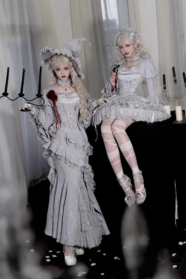 Silver Grey [Twilight] Ruffle Lace Irregular Gothic Witch Lolita Fishtail Skirt Set