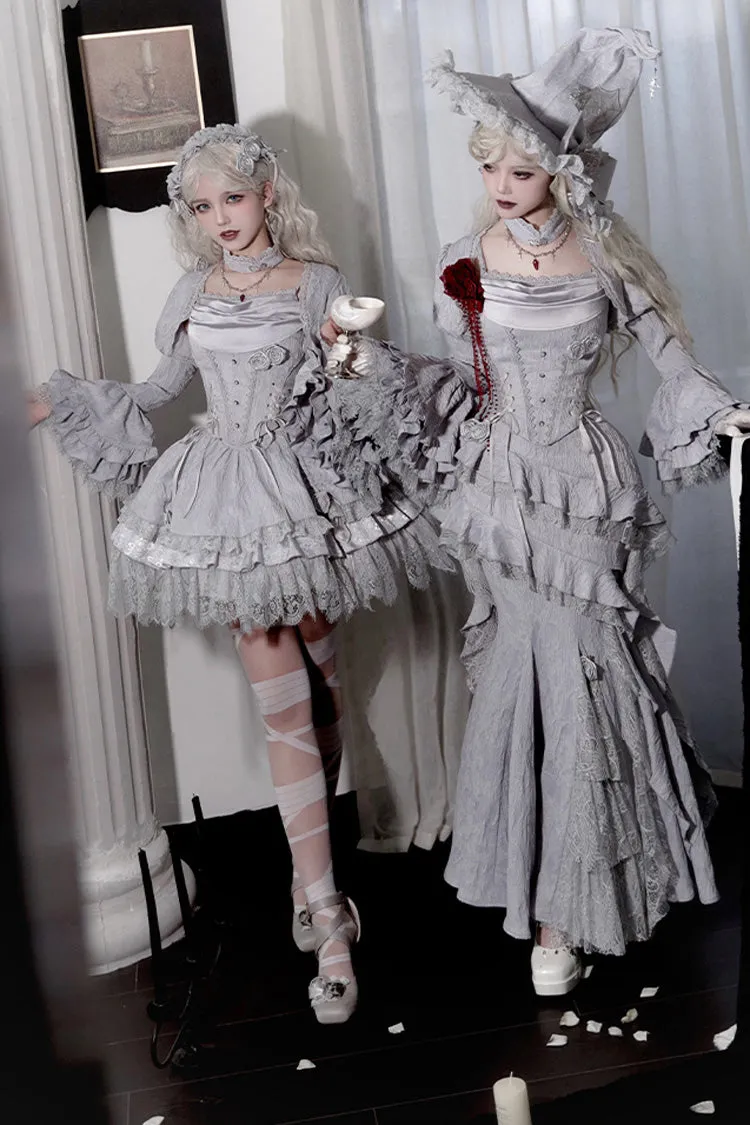 Silver Grey [Twilight] Ruffle Lace Irregular Gothic Witch Lolita Fishtail Skirt Set