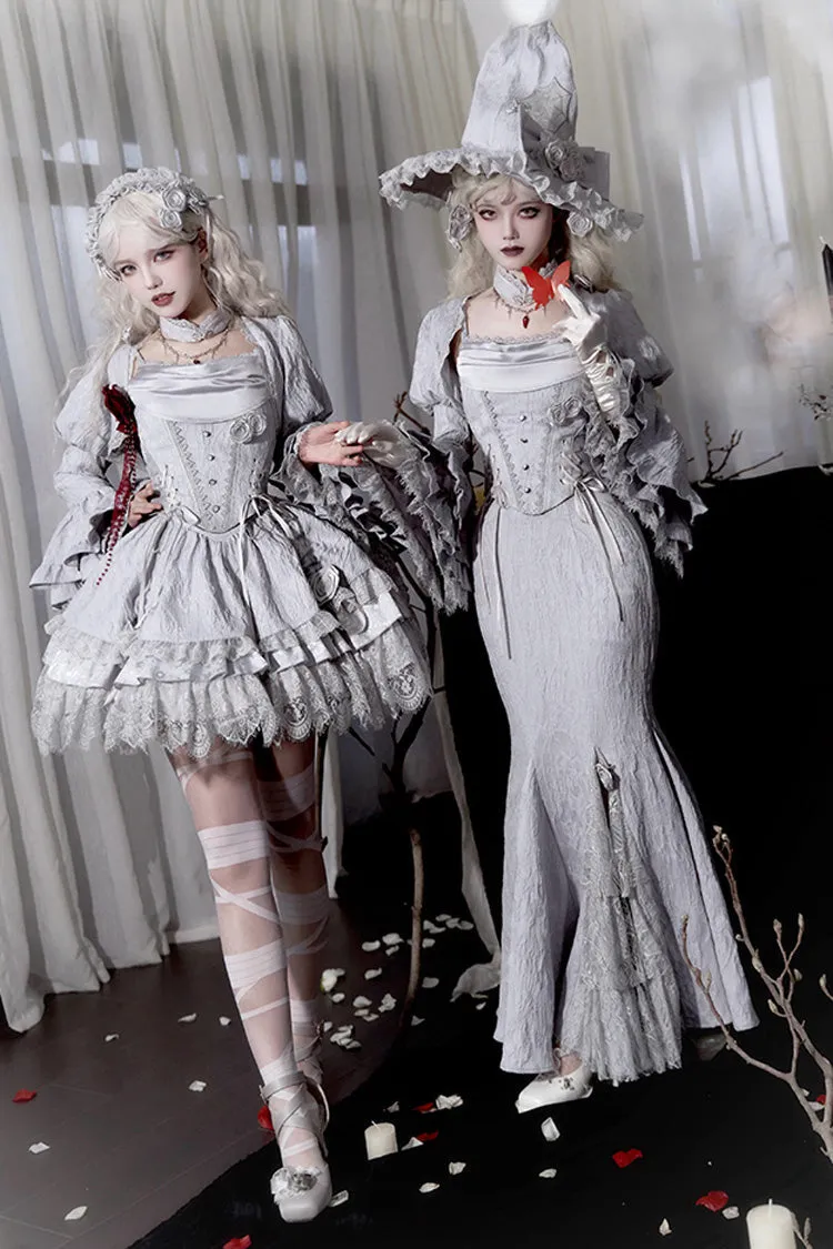 Silver Grey [Twilight] Ruffle Lace Irregular Gothic Witch Lolita Fishtail Skirt Set