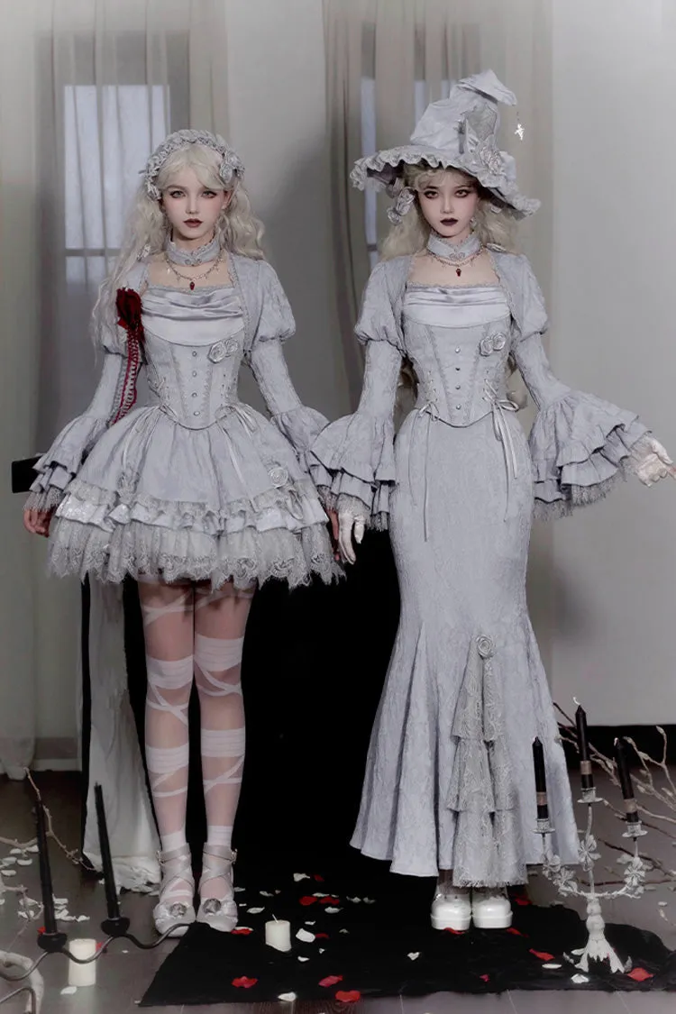 Silver Grey [Twilight] Ruffle Lace Irregular Gothic Witch Lolita Fishtail Skirt Set