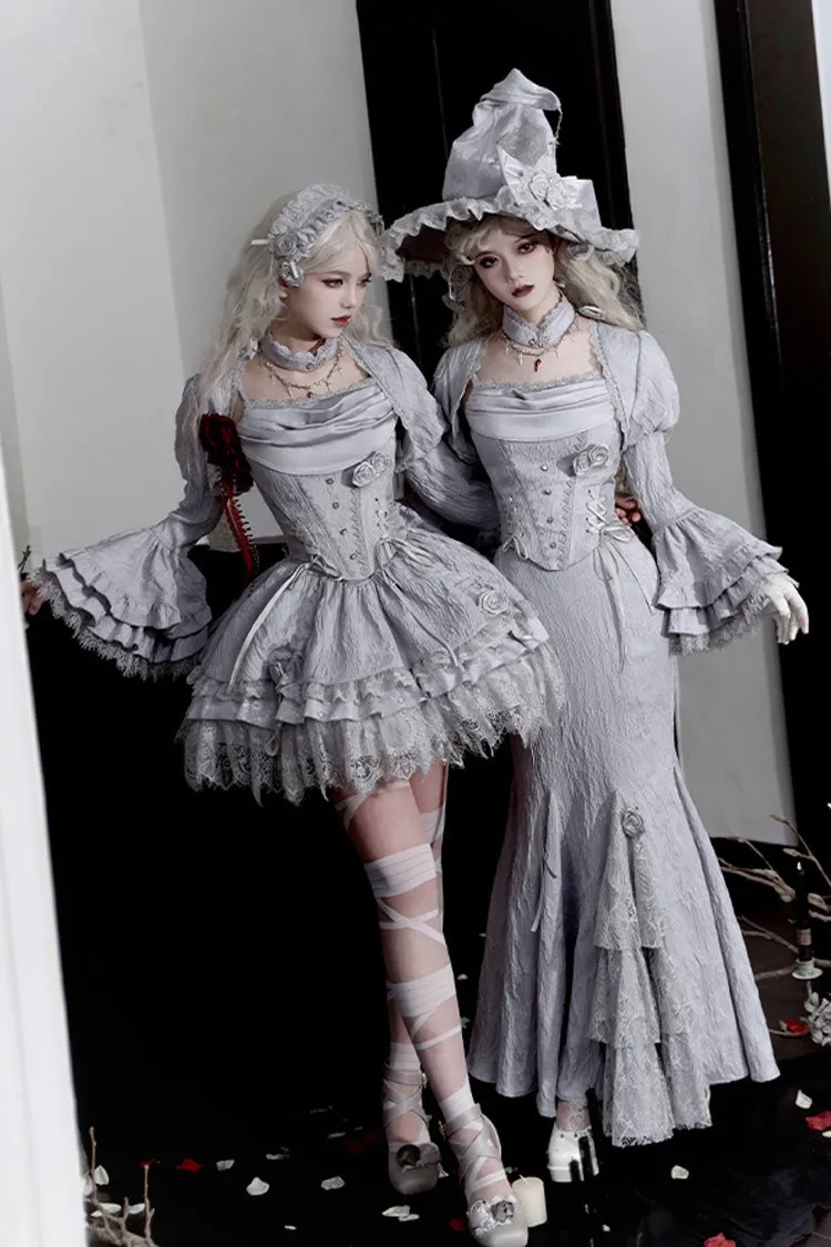 Silver Grey [Twilight] Ruffle Lace Irregular Gothic Witch Lolita Fishtail Skirt Set