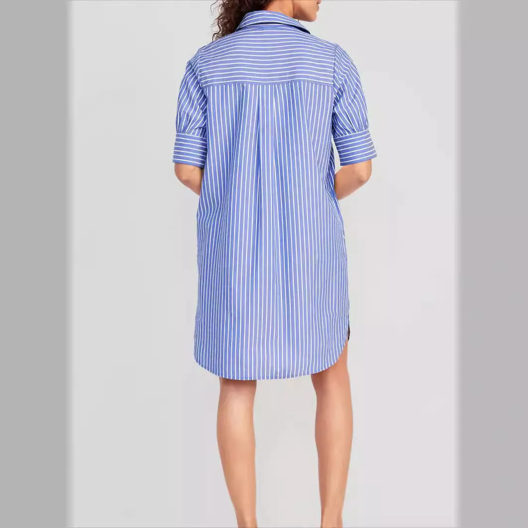 Spring Summer Striped Pocket Single Breasted Casual Office Dress for Women