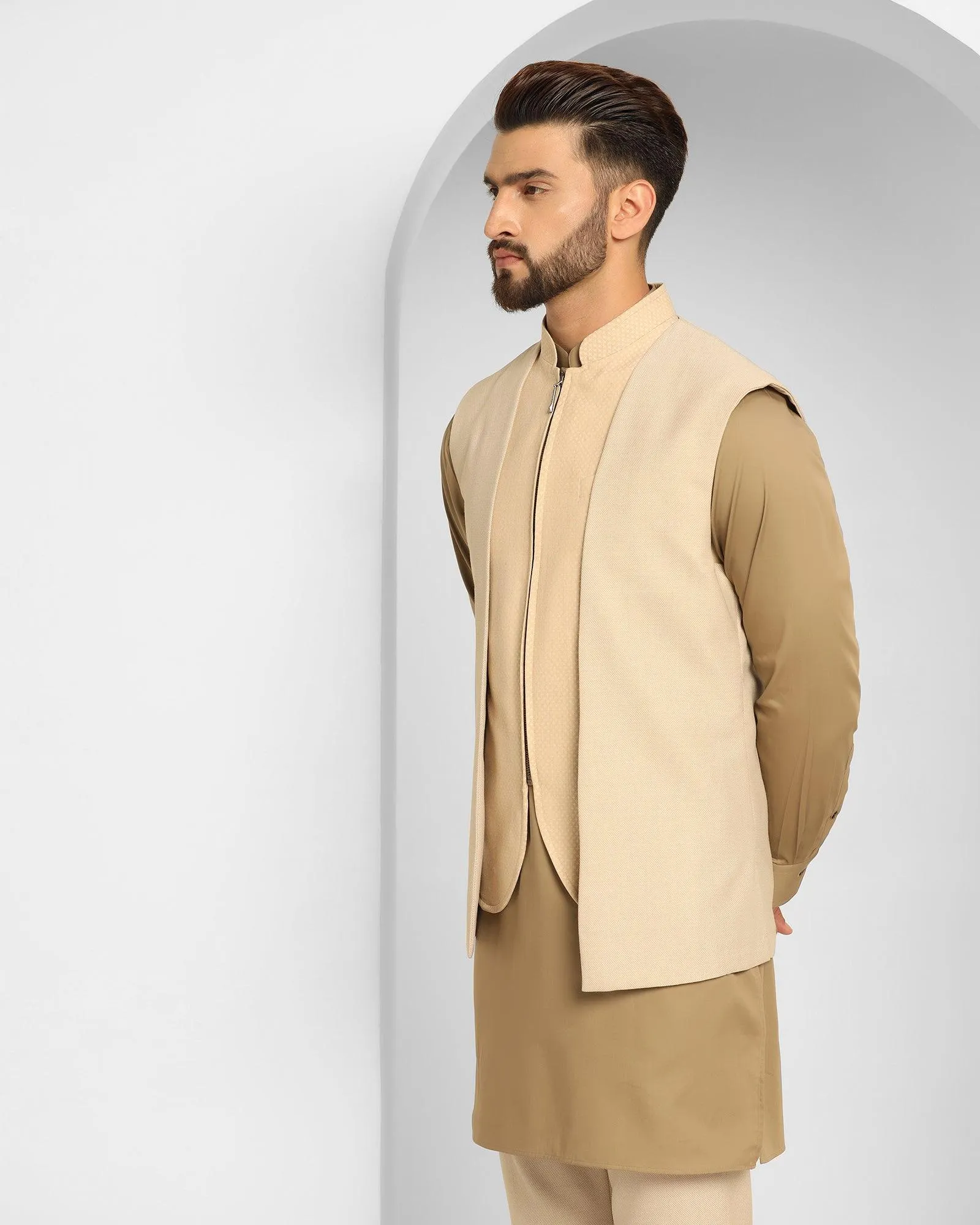 Swarn Multitude 6X Beige Textured Achkan Set - Cosmo