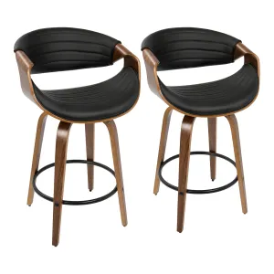 Symphony Mid-Century Modern Counter Stool in Walnut and Black Faux Leather by LumiSource - Set of 2