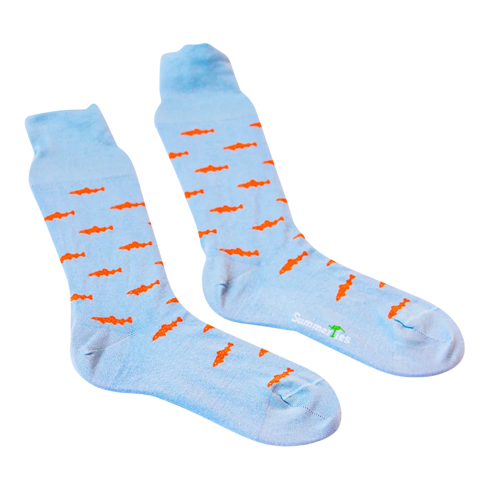 Trout Socks - Orange on Light Blue - Men's Mid Calf