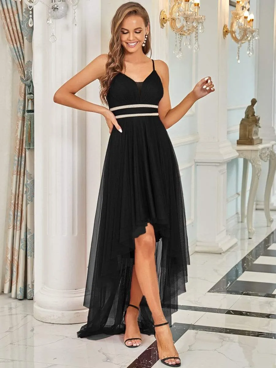 V Neck High-low Hem Pleated Tulle Prom Dress