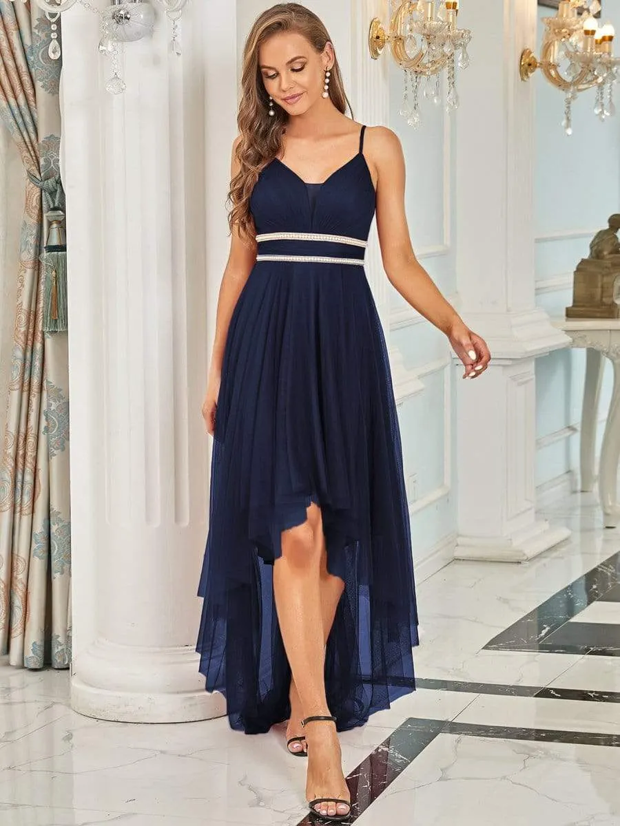 V Neck High-low Hem Pleated Tulle Prom Dress