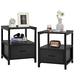 VECELO Nightstand Set of 2, Modern Square End Side Table, Night Stands with Drawer and Storage Shelf for Bedroom, Living Room, Study Metal Frame, 2 Pack, Black