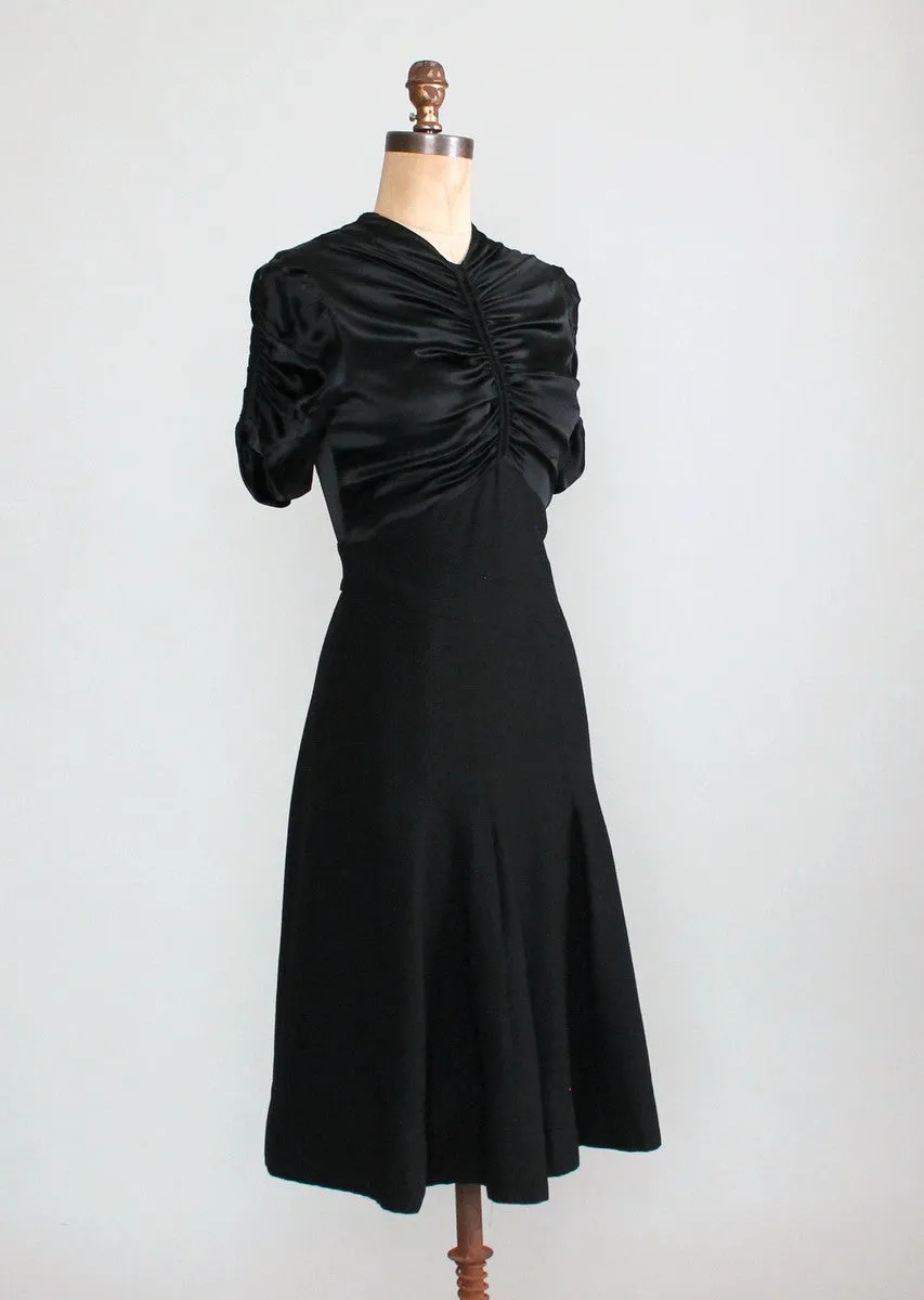 Vintage 1930s Black Satin and Wool Swing Dress