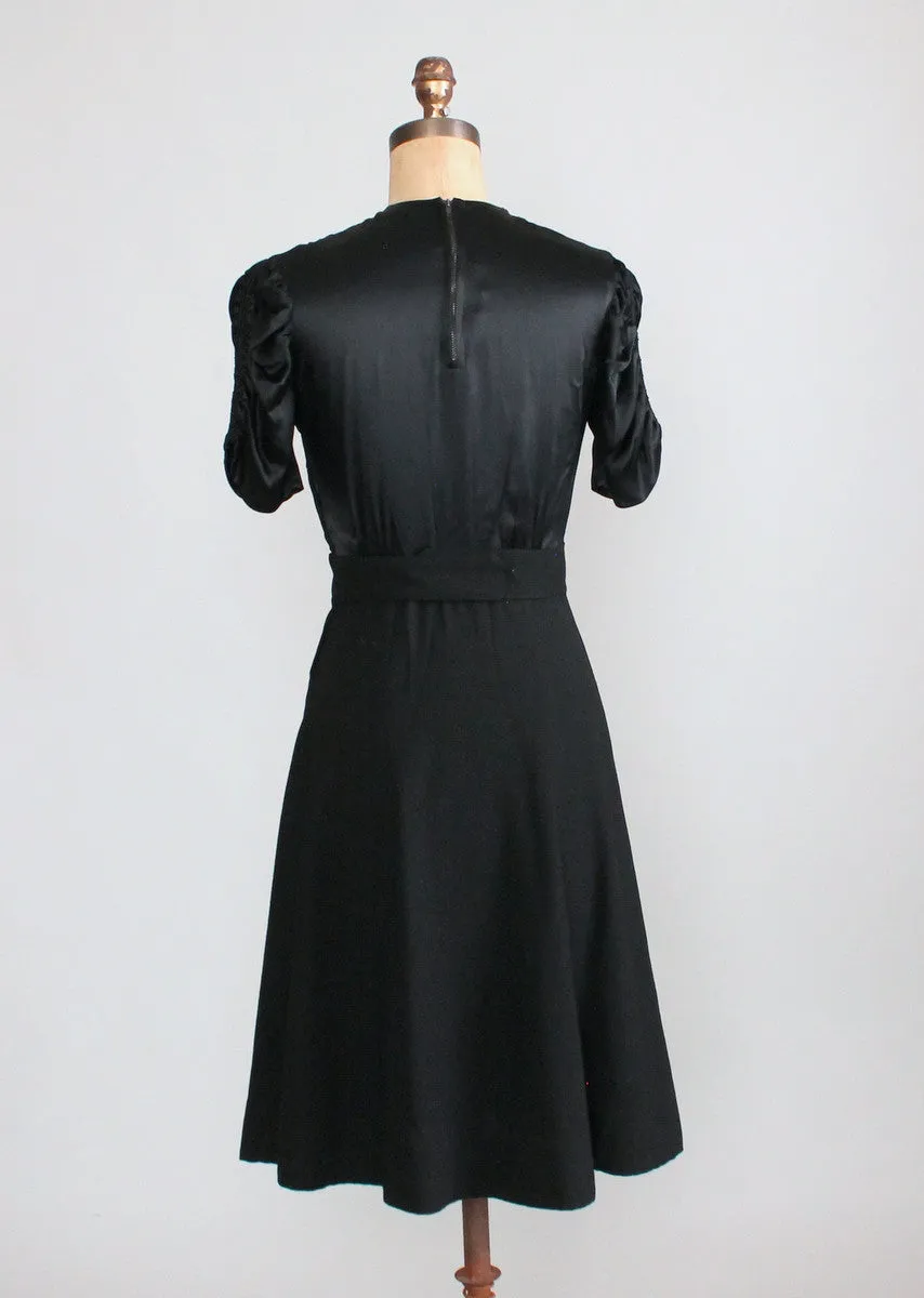 Vintage 1930s Black Satin and Wool Swing Dress