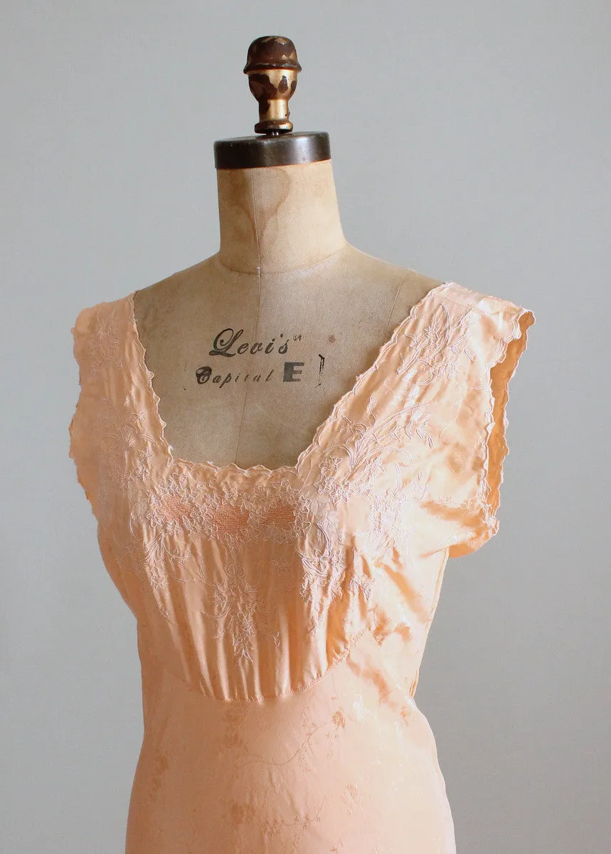 Vintage 1930s Embroidered Peach Silk Gown