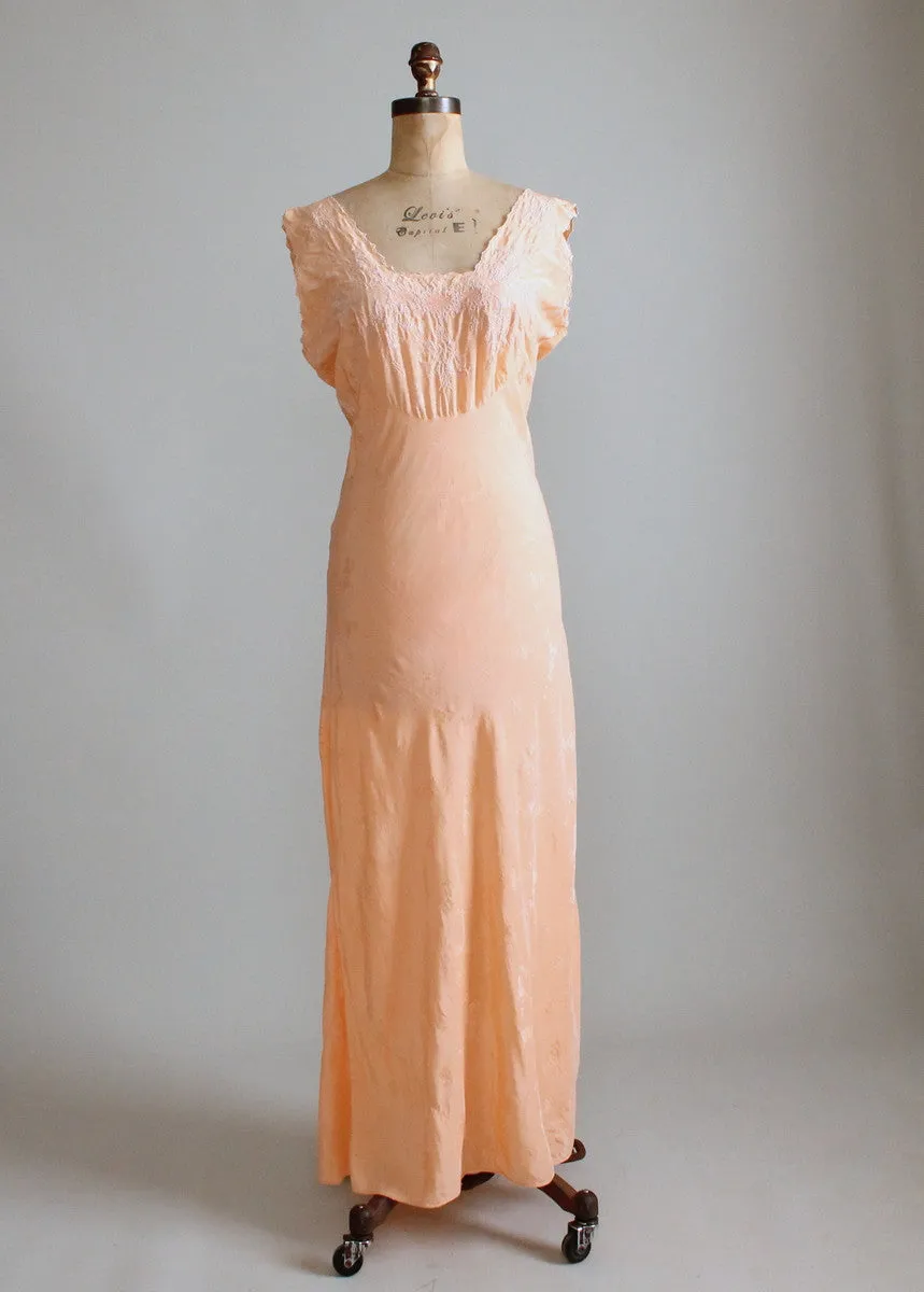 Vintage 1930s Embroidered Peach Silk Gown