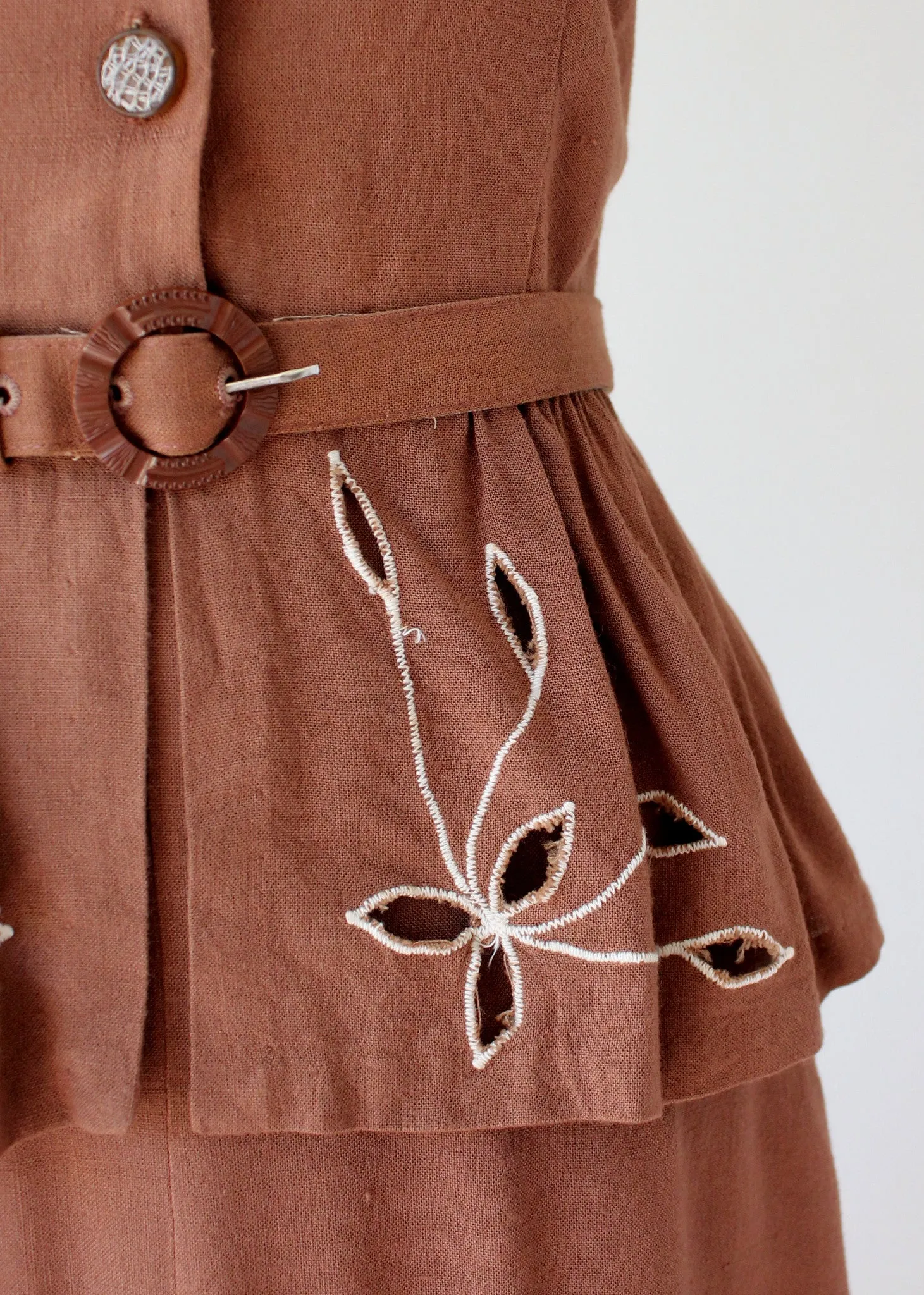 Vintage 1940s Brown Cut Out Peplum Day Dress